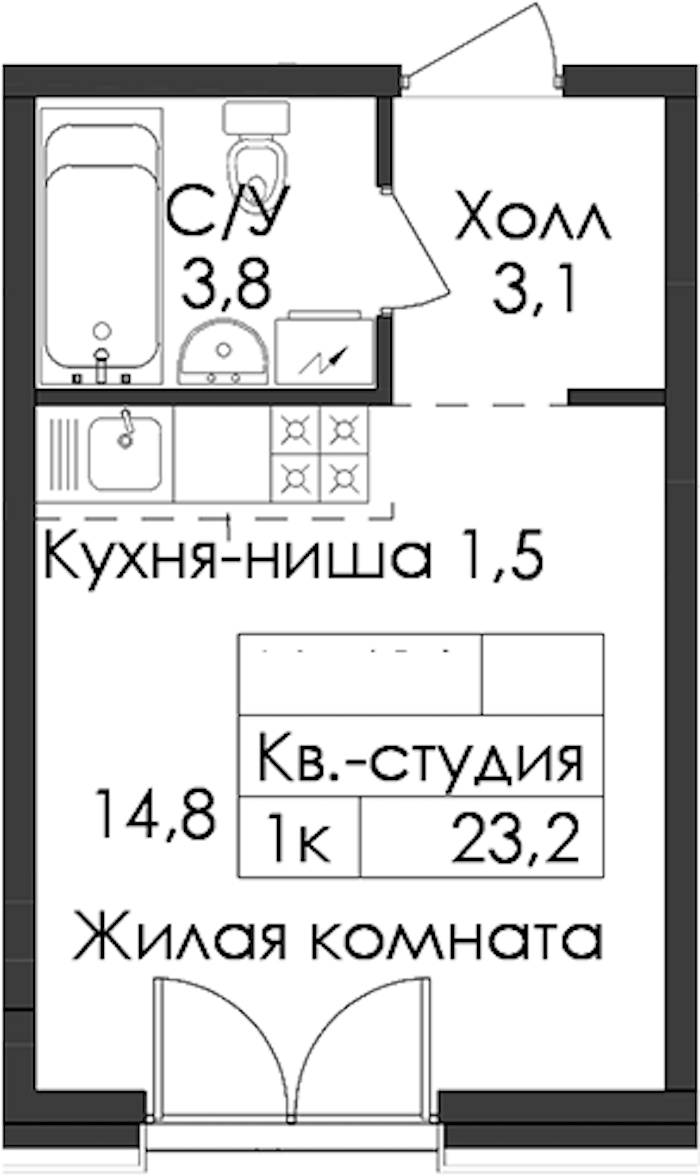 Квартира студия 23.2 м², 2/7 эт., ЖК «Лермонтовский 54»